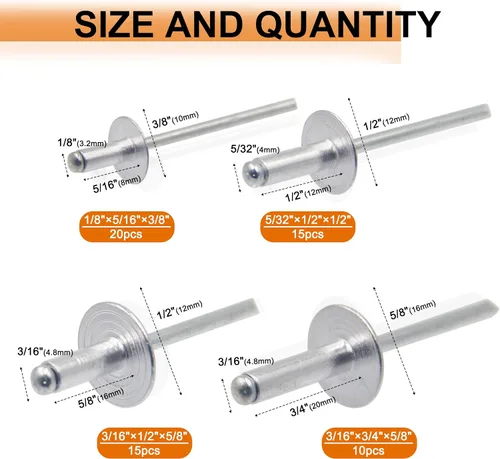 Vista 2 de ISPINNER 60 piezas de remaches ciegos de aluminio con brida grande, kit surtido con remachador de mano resistente, herramienta de pistola