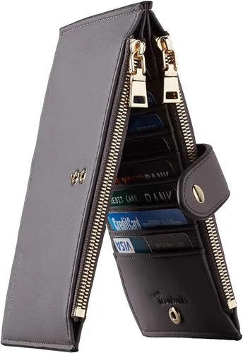Vista 11 de Travelambo Billeteras de cuero para mujer, delgada, con bloqueo RFID, billetera plegable para tarjetas de crédito, Marrón beige