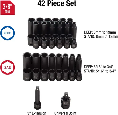 Vista 2 de Sunex Tools 3342 Juego de llaves de vaso de impacto de 3/8" Drive Master, 42 piezas, SAE/métrico, 5/16" a 3/8" (paquete de 4)