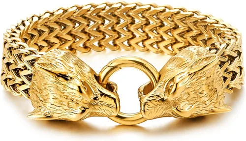 Vista 4 de COOLSTEELANDBEYOND Biker - Pulsera de acero inoxidable para hombre con cabeza de lobo con cierre de anillo de resorte