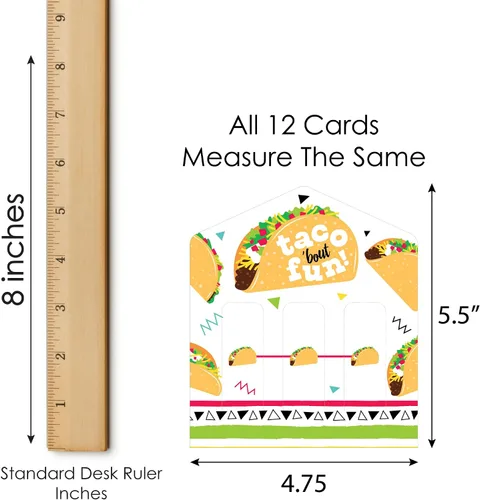 Vista 6 de Big Dot of Happiness Taco 'Bout Fun - Juego de 12 tarjetas de pepinillo para fiesta mexicana, pestañas de tracción 3 en una fila