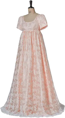 Vista 2 de Edwina - Vestido de disfraz para mujer, vestido vintage de regencia, vestido de baile victoriano, vestido de encaje rosa de cintura alta