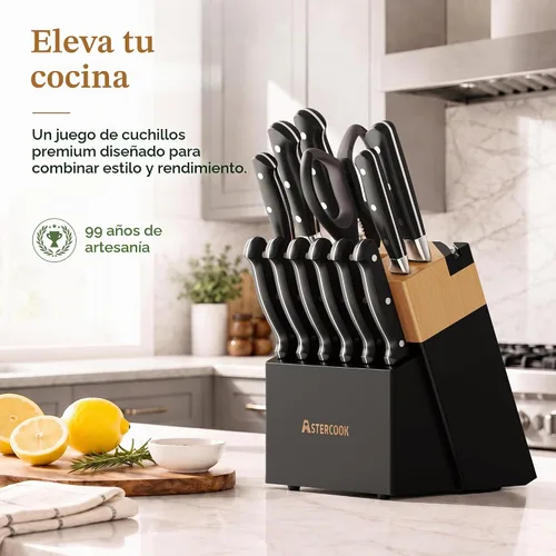 Vista 8 de Astercook Juego de cuchillos de cocina de espiga completa con bloque y Negro