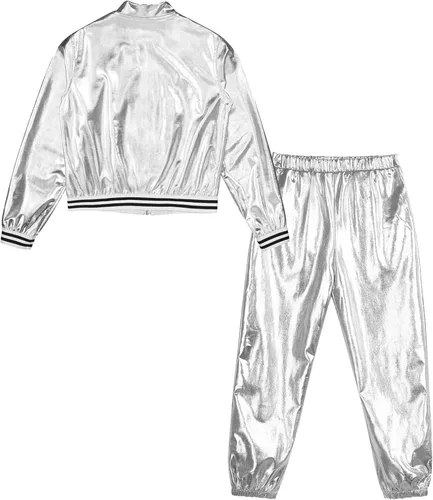 Vista 4 de YiZYiF Conjunto de ropa de baile para niños y niñas, disfraz de hip hop, jazz, chaqueta bomber metálica brillante con pantalones de cintura alta