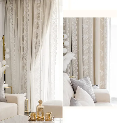 Vista 4 de Cortinas opacas de doble capa para dormitorio, cortina de ventana con ganchos, cortinas bordadas transparentes de tul para sala de estar Beige
