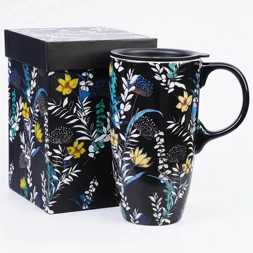 Vista 13 de DUSVALLY Juego de 2 tazas de viaje de cerámica con tapas, juego de tazas florales grandes de 17 onzas con asas, aptas para microondas