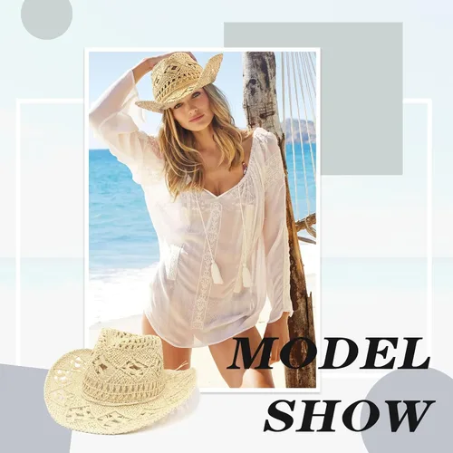 Vista 4 de Sombreros de vaquero de paja para mujer, sombrero de vaquera occidental brillante para fiestas de vacaciones, sombrero de sol plegable