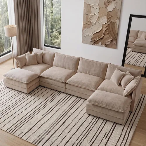 Vista 107 de Sofá individual modular de chenilla con otomana, sofá nube con almohada, color beige