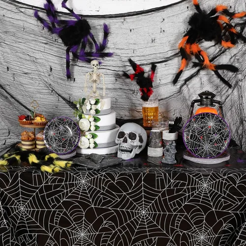 Vista 5 de Peryiter Mantel rectangular de plástico para Halloween, tela de araña, 54 x 108 pulgadas, impermeable, desechable, tela de araña para decoración