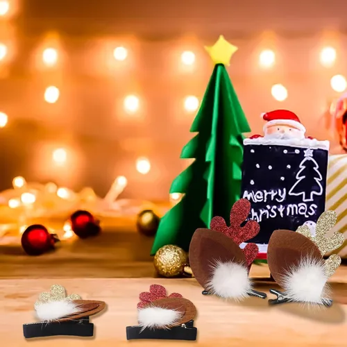 Vista 3 de Lindos accesorios de Navidad para el cabello, 2 pares de cuernos de reno, orejas de clip para el cabello, horquilla para tocado para fiesta