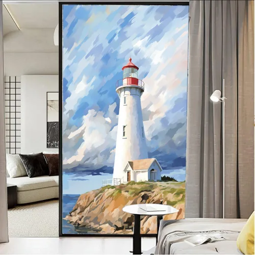 Vista 3 de Película de privacidad para ventana de faro blanco retro, estilo costero, acuarela abstracta, vitrales, película de adherencia estática para tiendas