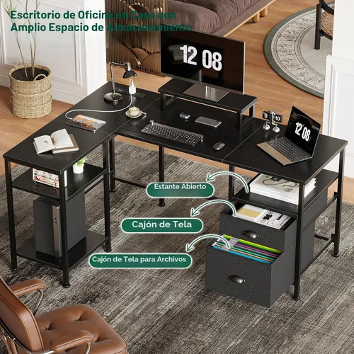 Vista 4 de Furologee Escritorio para computadora en forma de L con toma de corriente, escritorio reversible de oficina en casa para estudio de trabajo, mesa