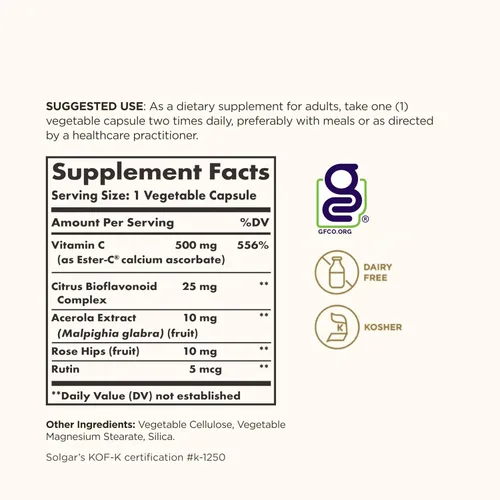 Vista 3 de Solgar Ester-C Plus 500 mg de vitamina C (complejo de ascorbato), 100 Suave y no ácido, antioxidante y apoyo inmunológico - Vegano, sin gluten
