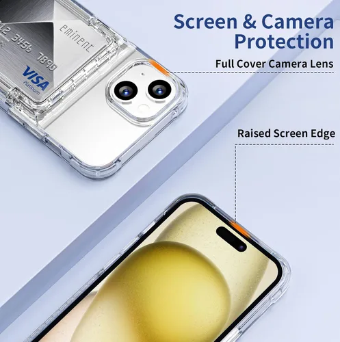 Vista 4 de ACANDYA Funda protectora transparente para iPhone 15 con tarjetero de crédito, protección resistente, antiarañazos, antiarañazos, amarilla