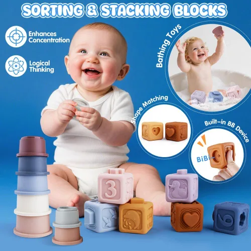 Vista 3 de Juguetes 6 en 1 para bebés de 6 a 12 meses, juguete Montessori para niños de 1 año, juguete de dentición para bebés, apilar tazas, cubo sensorial