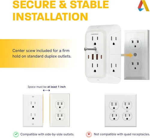 Vista 8 de Extensor de toma de pared de enchufe múltiple, divisor de 6 salidas y 4 puertos USB con carga rápida PD USB-C de 20 W, luz nocturna inteligente