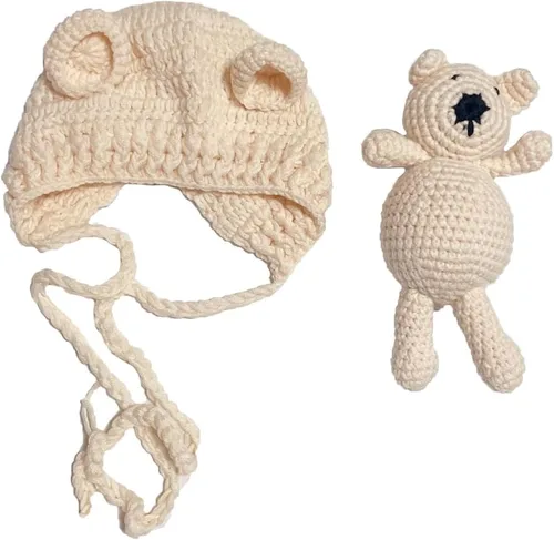 Vista 3 de Accesorios de fotografía para recién nacidos, sombrero de oso, sesiones de fotos de bebé, trajes de fotos para posar fotos de ganchillo, oso muñeca