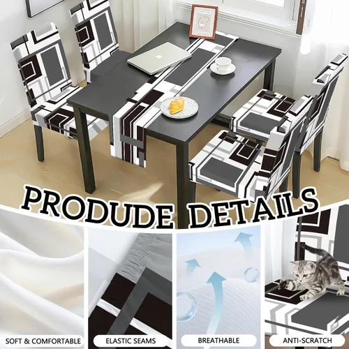 Vista 2 de MCALK Juego de 4 fundas para sillas de color gris abstracto y camino de mesa, fundas elásticas para sillas grises para cocina, protector de silla