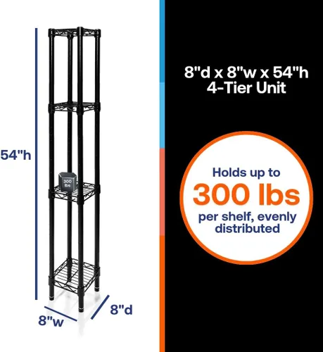 Vista 2 de Shelving Inc. Estantería de alambre negro de 8 pulgadas de profundidad x 8 pulgadas de ancho x 54 pulgadas de alto con estantes de 4 niveles