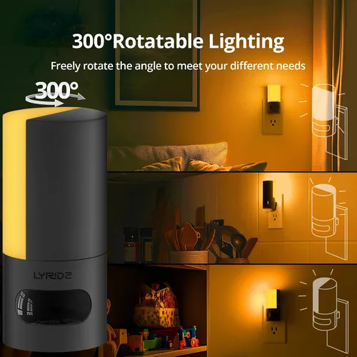 Vista 2 de Lyridz Luz nocturna LED ámbar enchufable con sensor de movimiento, giratoria, luz nocturna retroiluminada regulable, brillo ajustable de 1-150 lm