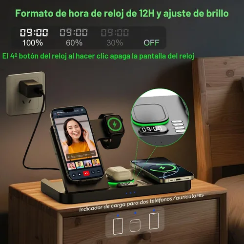 Vista 5 de Estación de carga inalámbrica de teléfono doble para dispositivos Apple, estación de carga magnética para iPhone con interruptor automático de luz