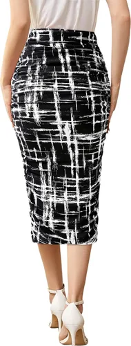 Vista 3 de VFSHOW Falda de cintura alta con volantes fruncidos para mujer, estilo casual, para oficina, fiesta, ajustada, entallada, a media pantorrilla