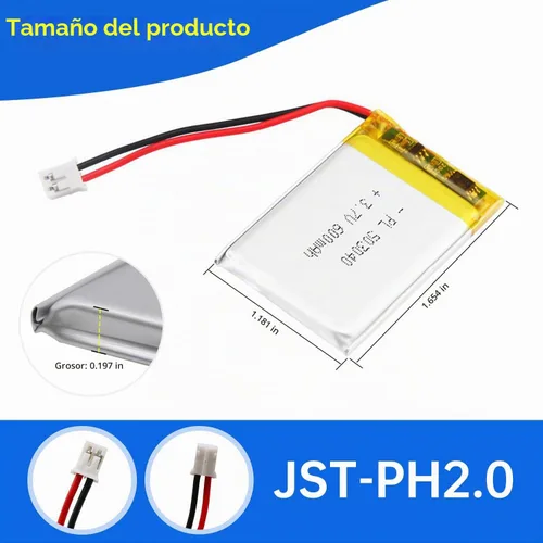 Vista 3 de 503040 3.7V Lipo Batería 600mAh Batería recargable de polímero de litio con conector JST PH2.0.000 in para dispositivo electrónico