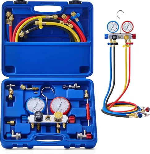 Vista 8 de Orion Motor Tech Medidores de CA, juego de manómetros de CA para refrigerante R134a R12 R502, coche de 3 vías con mangueras de 5 pies acopladores