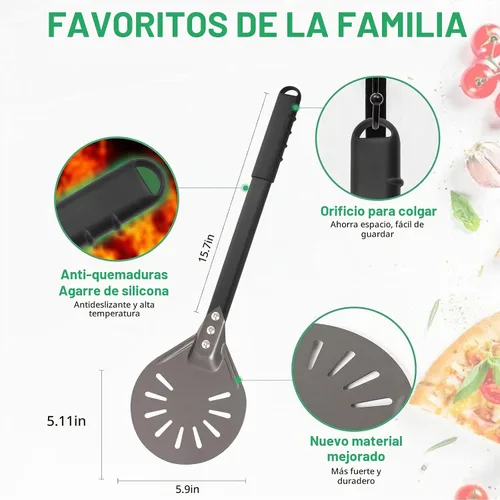 Vista 4 de Pala de torneado de pizza de 6 pulgadas redonda de aluminio perforada con mango de metal, paleta de pizza para accesorios de horno de pizza casera