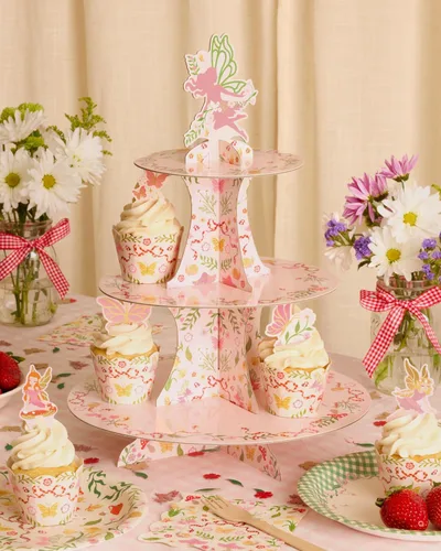 Vista 4 de xo, Fetti Garden Fairy Cupcake Tower, 3 niveles Decoraciones de fiesta de mariposa para niños, fiesta de té, cumpleaños, bosque de bosques, país