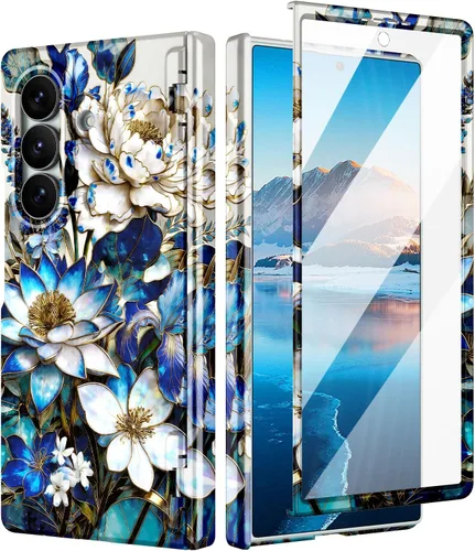 Vista 23 de Btscase Funda para Samsung Galaxy Z Fold 5, protector de pantalla frontal integrado, patrón de mármol dorado con purpurina de policarbonato duro