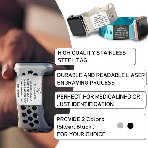 Vista 4 de Etiqueta de alerta médica para Apple Watch, etiqueta de identificación médica personalizada (M: se ajusta a la correa de 0.709-0.866 in) plata/negro