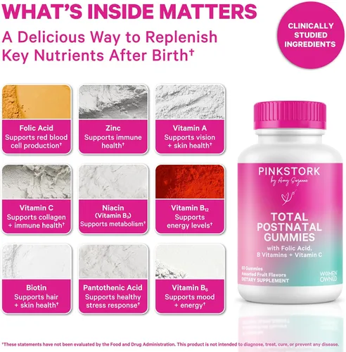 Vista 2 de Pink Stork Gomitas Vitamínicas Totales Posnatales - Multivitamínico para la Recuperación Posparto y Apoyo a la Lactancia - Ácido Fólico, B6
