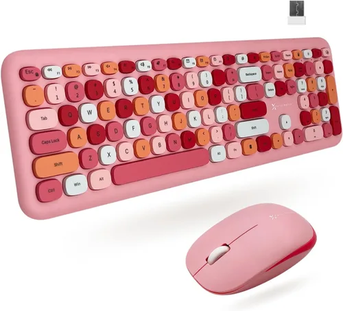 Vista 11 de X9 - Lindo teclado y mouse inalámbricos, teclado y mouse coloridos de 2.4 G con máquina de escribir multicolor retro, teclas para teclado de Negro