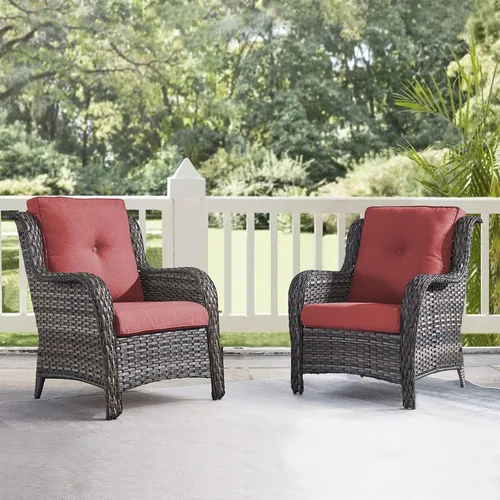 Vista 8 de HUMMUH Juego de 2 sillas de mimbre para patio, sillas de comedor de ratán de polietileno para exteriores, con cojines de asiento de 4 pulgadas