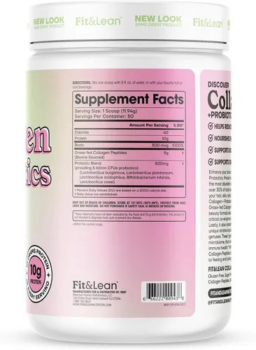 Vista 3 de Fit & Lean Colágeno + probióticos - Polvo de péptido de colágeno alimentado con pasto, sin sabor, 12.64 onzas