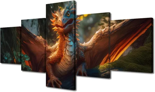 Vista 14 de Lienzo decorativo para pared de sala de estar, lienzo de dragón, 5 paneles, dragón verde, decoración de pared para el hogar, decoración de pared