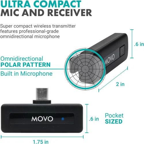 Vista 4 de Movo Micrófono inalámbrico Mini USB-C para iPhone 15/16/17 - Micrófono compatible con Pro Max - Duración de la batería de 10 HR, rango de 164 pies
