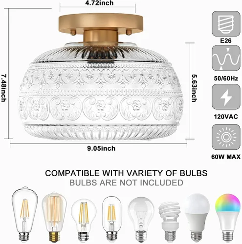 Vista 4 de Lámpara de Techo Semiempotrada, Luminaria Moderna Mejorada Cerca del Techo con Vidrio Transparente, Dorada, Iluminación Interior para Cocina