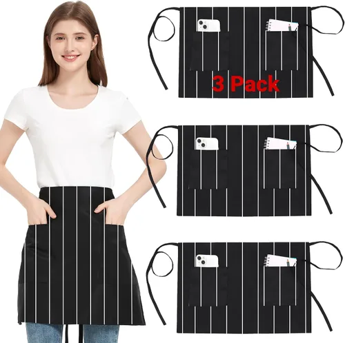 Vista 9 de Paquete de 3 delantales de cintura con 3 bolsillos, delantales de camarero unisex negros, delantales resistentes al agua para restaurante, chef y bar
