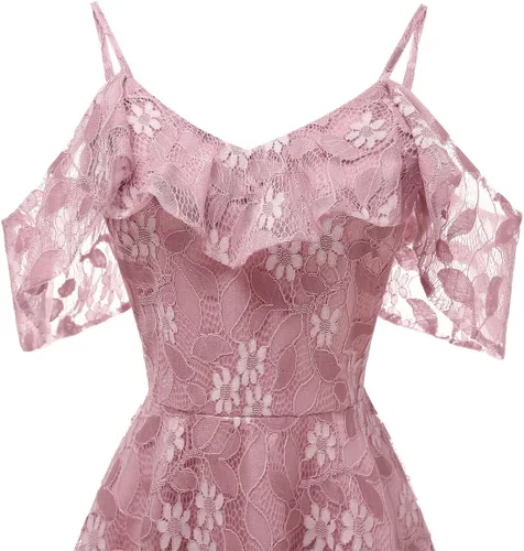 Vista 4 de IWEMEK Vestido de fiesta de cóctel con tirantes delgados y encaje floral para dama de honor, hombros descubiertos, manga con volantes, vestido