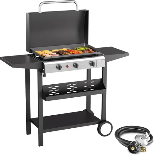 Vista 12 de SKOK Parrilla de gas de 3 quemadores con campana, parrilla de propano para exteriores de 25.6 pulgadas, parrilla de gas portátil con parte superior