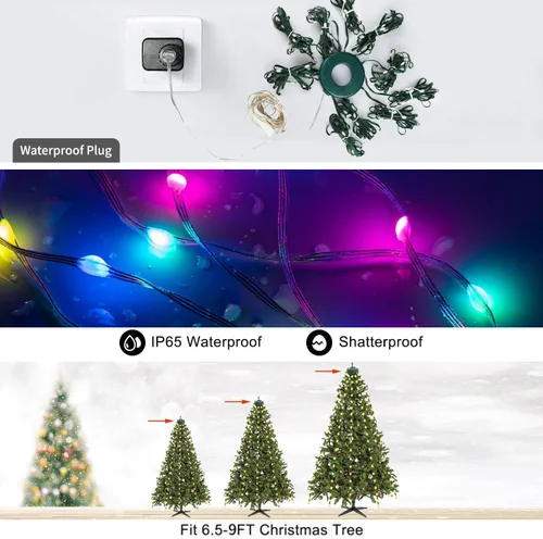 Vista 6 de Luces de cadena para árbol de Navidad con aplicación inteligente Ring, 200 luces LED cascada, impermeables IP65, modos múltiples con mando a