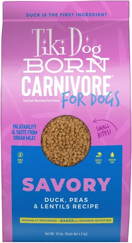 Vista 9 de Tiki Dog Born - Carnívoro para perros, receta de pato, guisantes y lentejas, croqueta horneada sin granos para una máxima nutrición, para perros