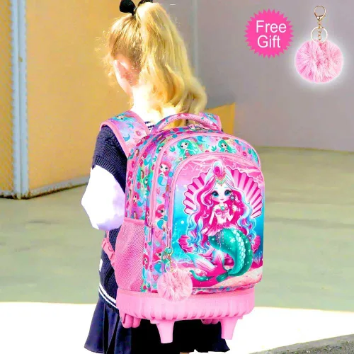 Vista 3 de gxtvo Mochila con ruedas de 3 piezas para niños, bonita mochila escolar con ruedas, resistente al agua para escuela primaria, Juego rodante sirena