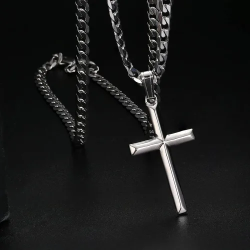 Vista 4 de Milacolato Collar de cruz de plata de ley 925 para hombres y mujeres con acero inoxidable corte de diamante, cadena de eslabones cubanos delicado