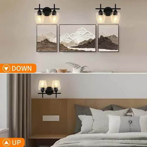 Vista 2 de Accesorios de luz de baño de 2 luces, Luz de tocador moderna negra, Lámpara de pared de baño para espejo, cocina, dormitorio, pasillo, sala