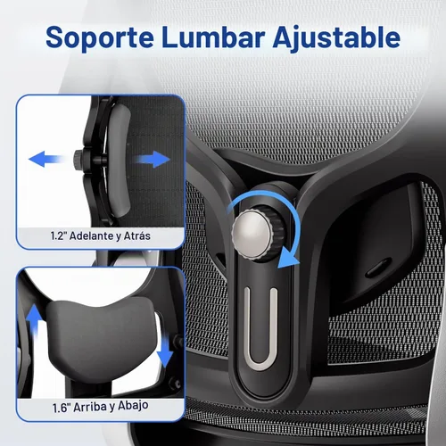 Vista 7 de marrap Silla de oficina ergonómica, silla de escritorio de malla con reposabrazos 3D, soporte lumbar ajustable y reposacabezas, función mecedora