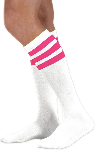 Vista 19 de NEON NATION Calcetines de tubo unisex blancos hasta la rodilla con varias rayas de colores Blanco con rayas azules bebé