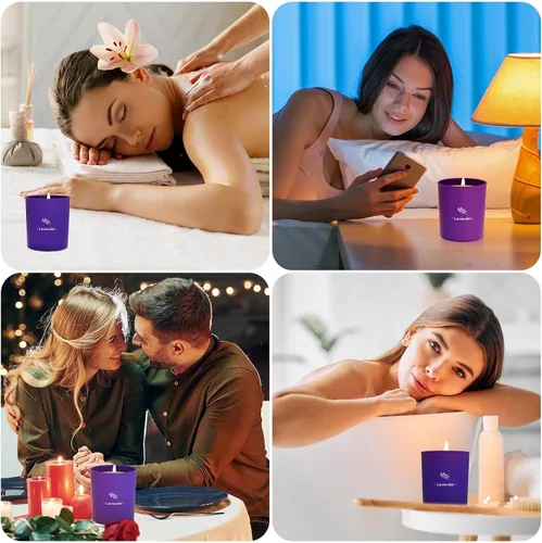 Vista 5 de Velas aromáticas de lavanda para el hogar, velas perfumadas de 8 onzas, cera en tarro morado, hechas con soja para mujeres, 45 horas de combustión